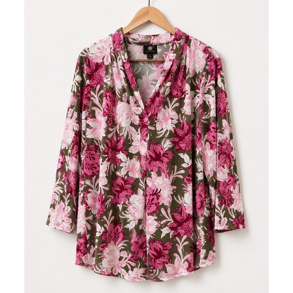JM Collection Womens 2X Blouse Pink Olive Green Floral V-Neck 3/4 Sleeve Top